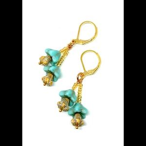 Turquoise Picasso Gold Czech Glass Flower Earrings